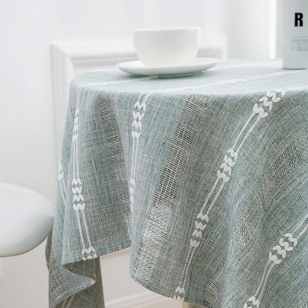 Country Tablecloth Oval Stripe Embroidery Flower Linen Heavy Duty Cover Kitchen Table Fabric