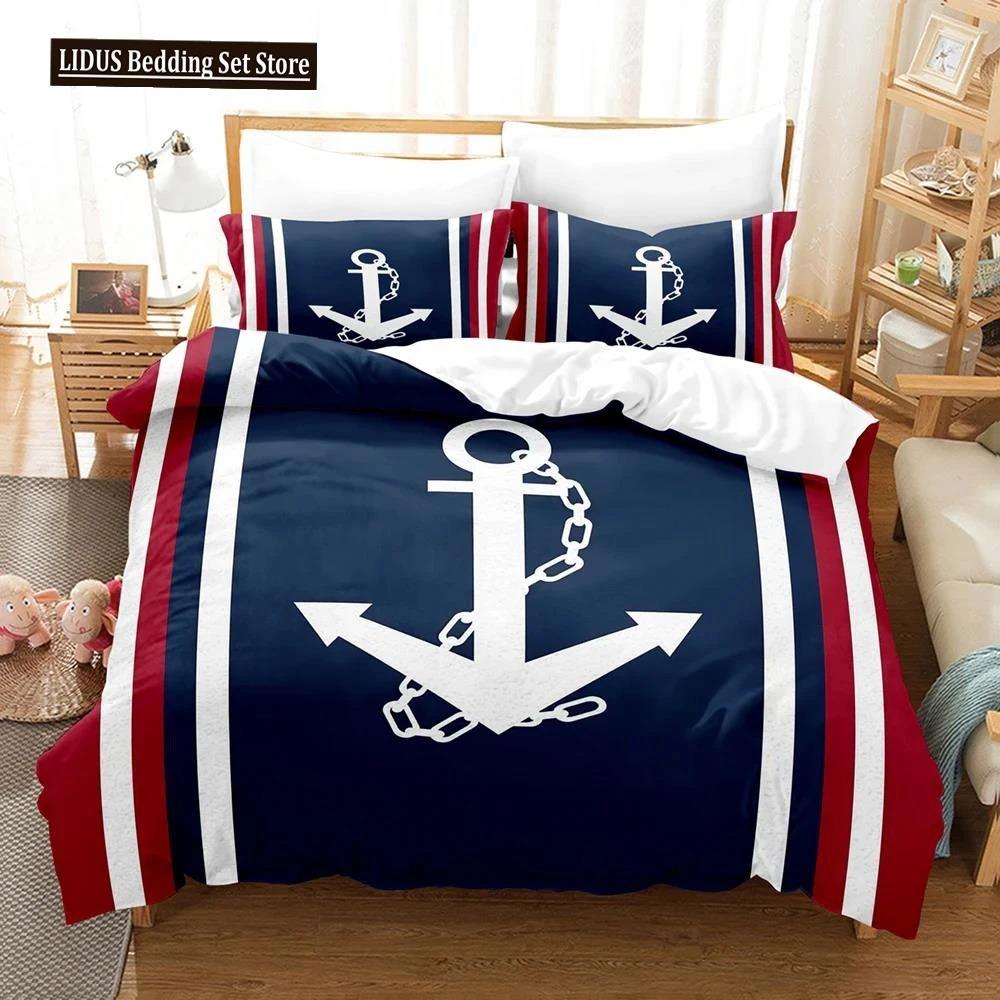 Nautical Bedding Set Ocean Anchor Duvet Cover Sailor Pirate Sea Adventure Bedspread For Kids Boys Navy Blue