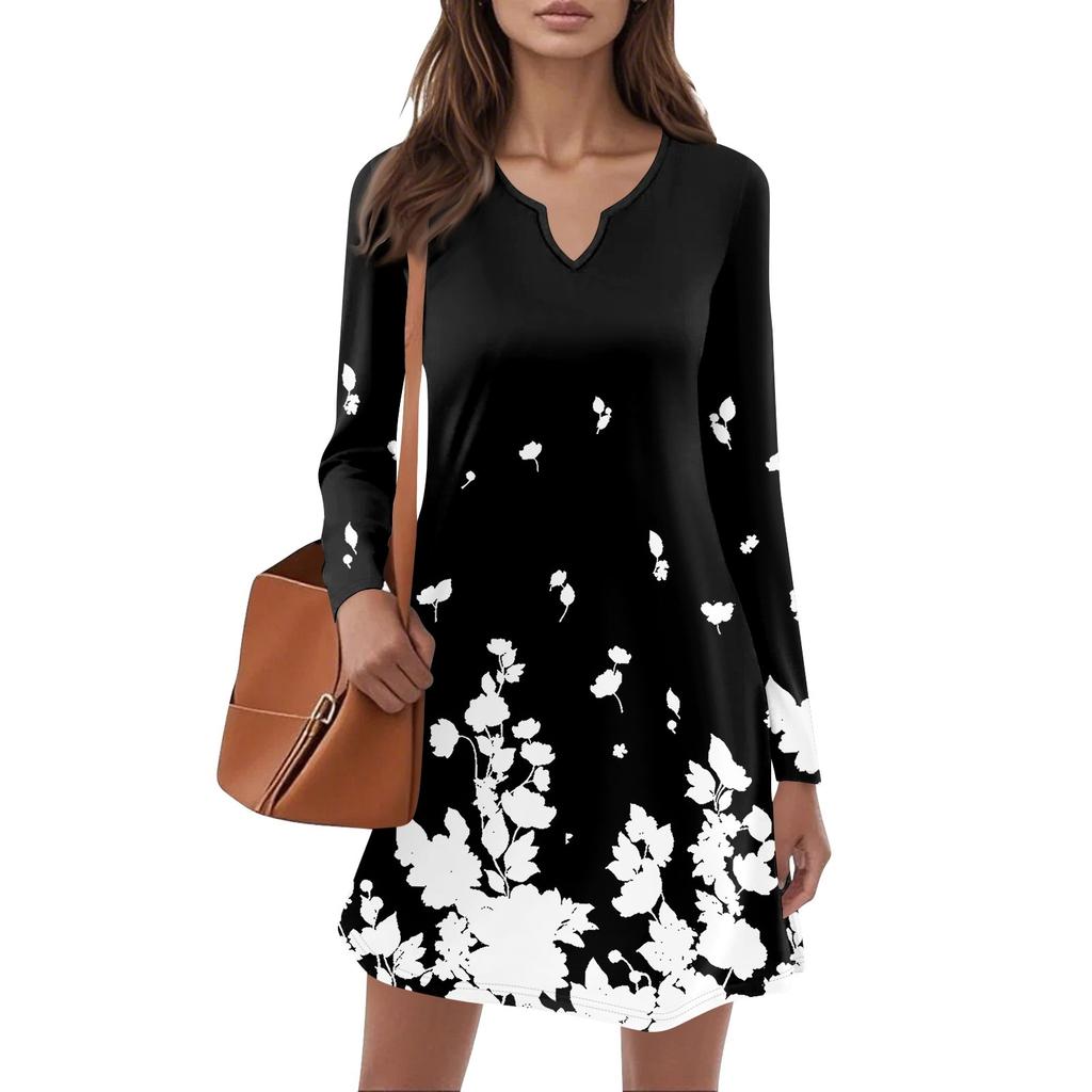 Women's Long-sleeved Casual Midi Dresses V-Neck Print  Casual Dress