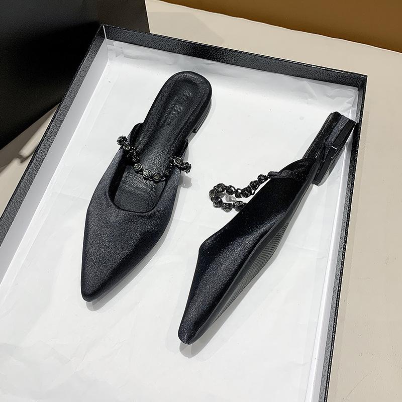 

Летние шлепанцы-тонги во французском стиле с цепочкой, мюли с острым носком, полузакрытые туфли на квадратном каблуке, повседневные босоножки на высоком каблуке 36 чёрный