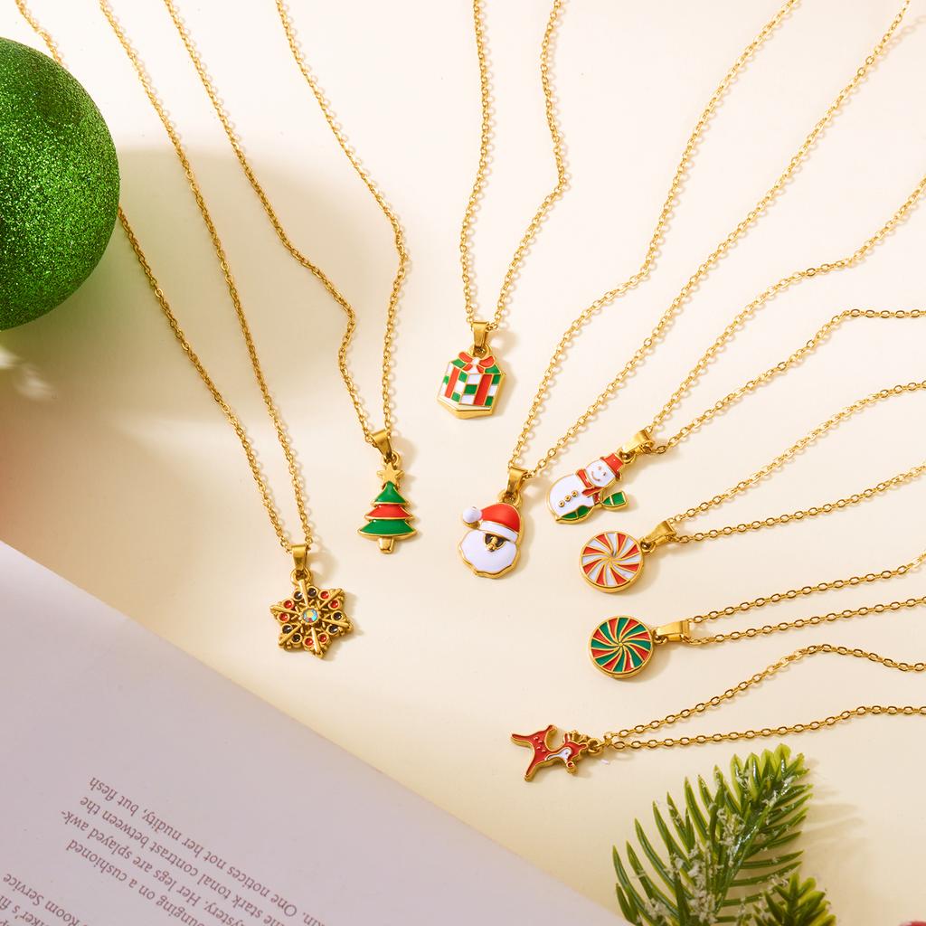 Stainless Steel Colorful Drip Oil Christmas Tree Snowman Pendant Necklace For Women Y2k Fashion Neck Chain Jewelry New Year Gift