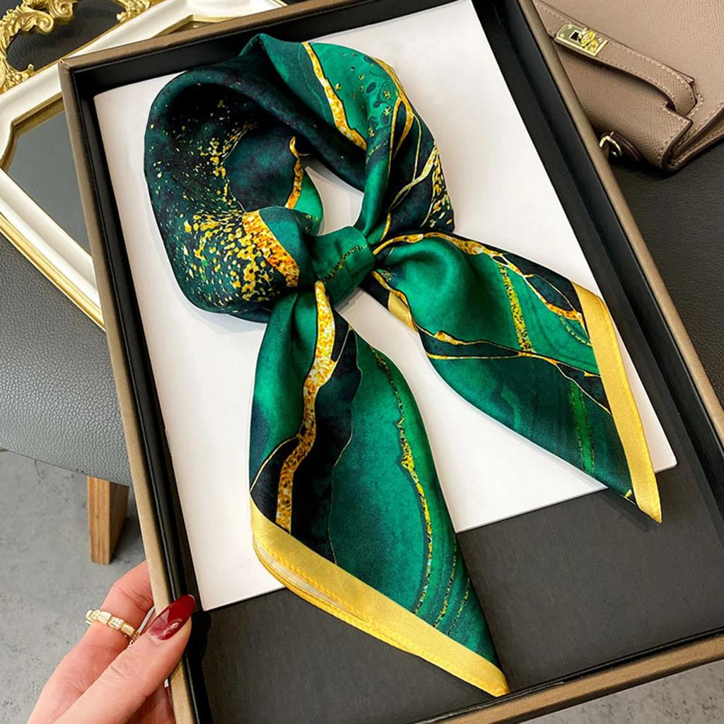 Ciemnozielony Szalik z Nadrukiem Rzeki Vintage Imitacja Jedwabiu Kwadratowy Szalik Bandana Oddychający Nakrycie Głowy Akcesoria do Włosów