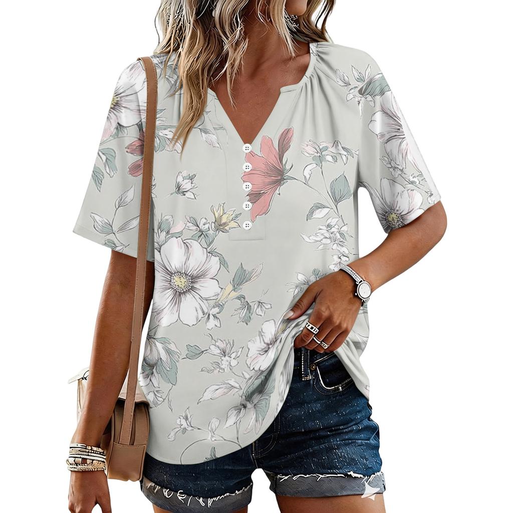 Women's Fashionable Casual Floral Print Button V-neck Short-sleeved Top