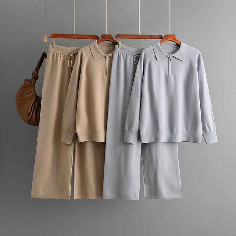 Fashion Set Women's Autumn Winter Polo Collar Half Zipper Casual Knitted Sweater Wide Leg Pants Two Piece Set