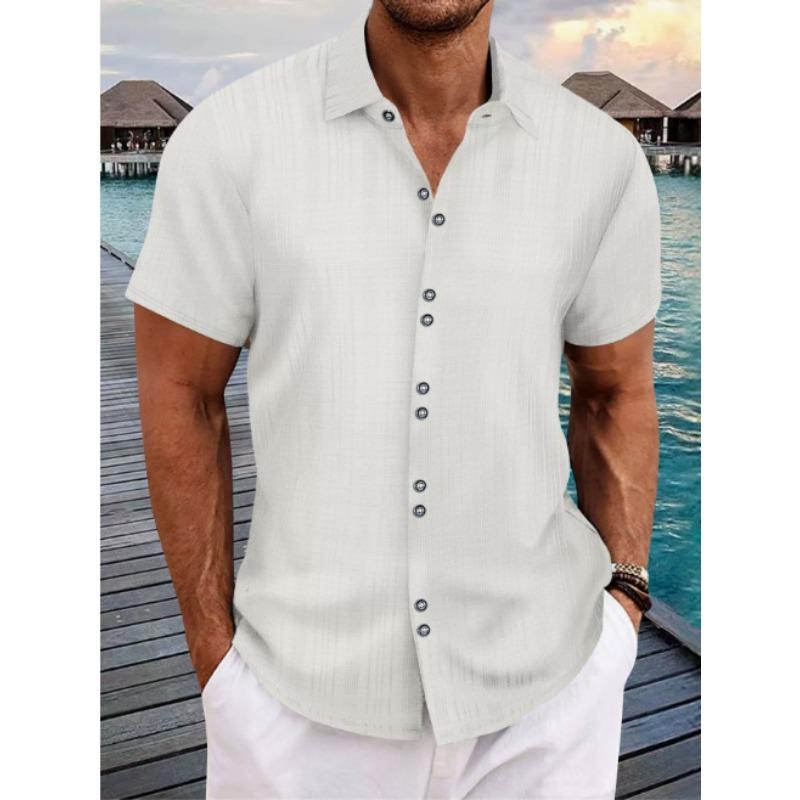 Mens Light Blue Textured Button Down Shirt Casual Striped Short Sleeve Summer Top