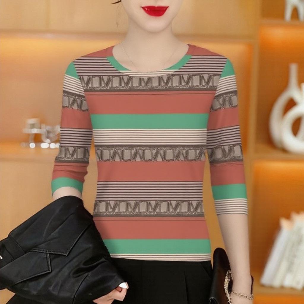 High-End Printed Long Sleeve Round Neck Base Layer Top for Middle-Aged Women - Slimming, Stylish, Age-Reducing