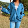Women's Solid Color Fleece Zipper Jacket Loose Fit Long Sleeve Hooded Sweatshirt