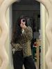 New Trendy Vintage Leopard Print V-Neck Knit Cardigan for Women, Soft and Fuzzy with Drawstring