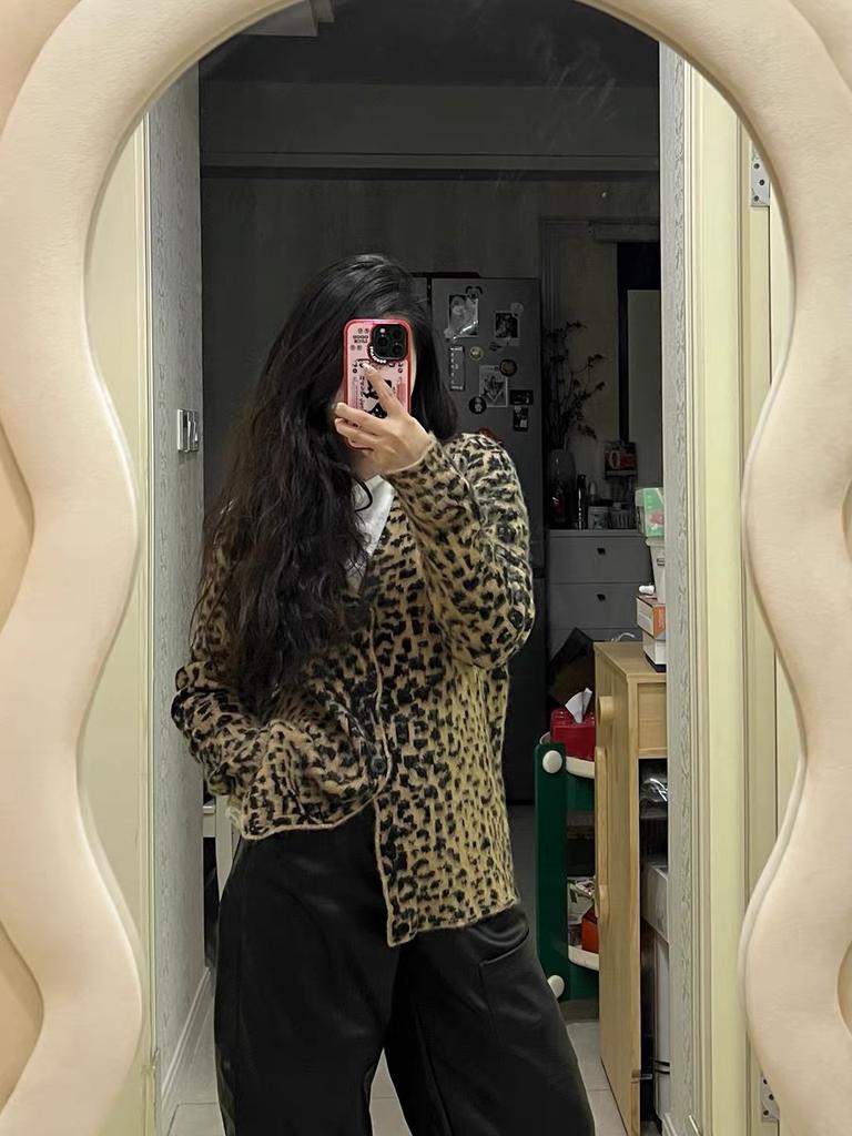 New Trendy Vintage Leopard Print V-Neck Knit Cardigan for Women, Soft and Fuzzy with Drawstring