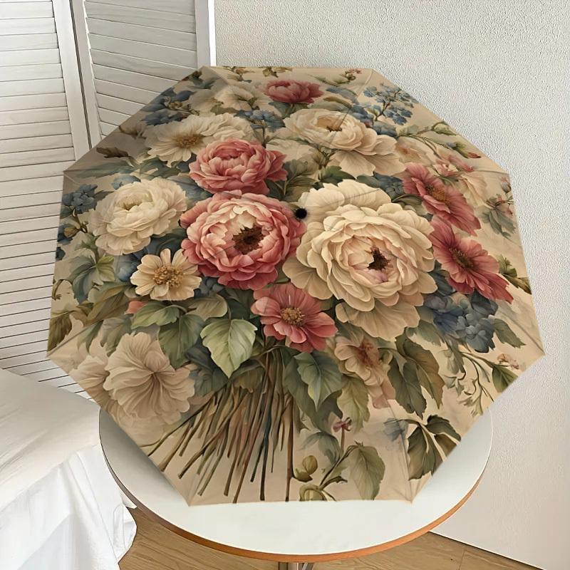 1PC Floral Pattern Umbrella-8-Rib Reinforced, Automatic Open, Lightweight & Durable, Cute Fashion Accessory for Outdoor, Beach, or Casual Use, Beach U