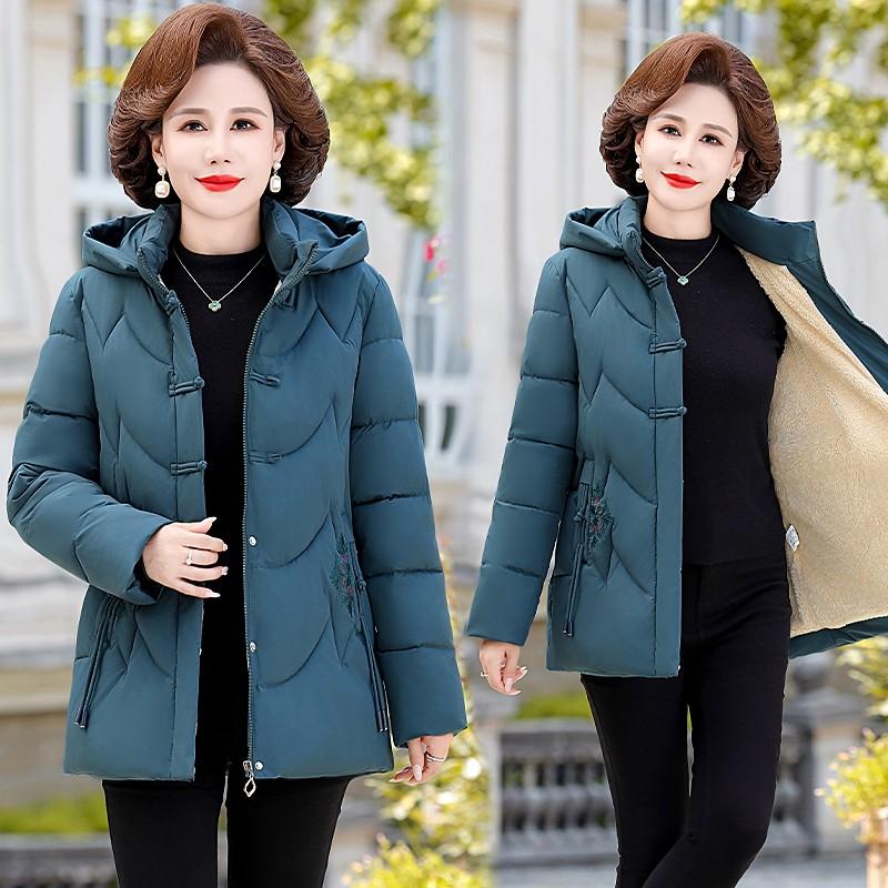 Women's Winter Puffer Cotton Padded Jacket Grandma Hooded Fleece Thick Parkas Warm Loose Retro Embroidery Snow Coat Loose Female