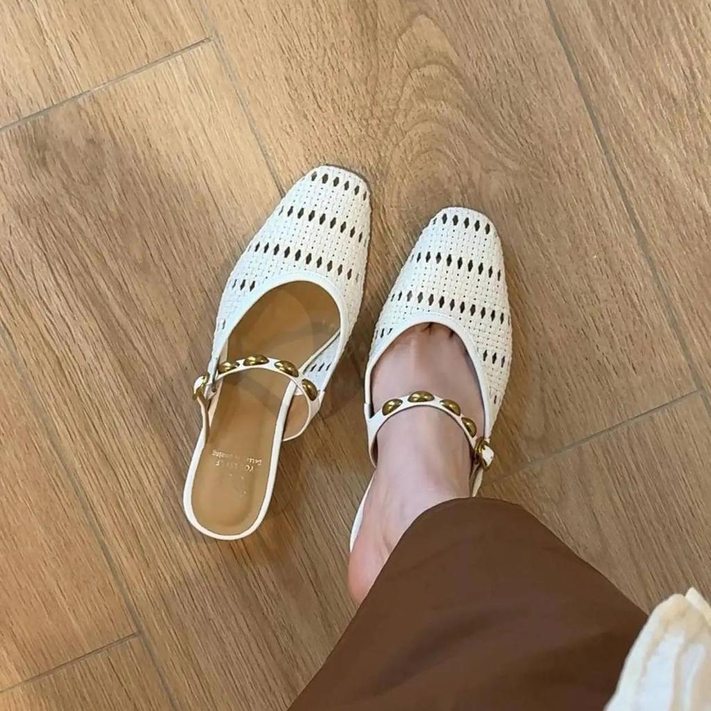 Sheepskin Version~ Lazy Design Feeling Hollow and Breathable Roman Style Bag Head Half Slippers Women's Summer Wear French Sandals