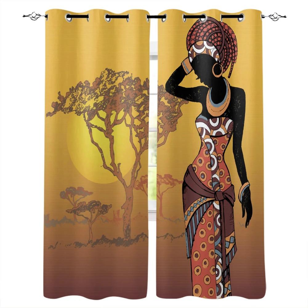 2 Pieces Ancient Ethnic African Woman Window Curtains Living Room Bedroom Kitchen Curtain Drapes Abstract Art Window Treatment