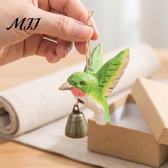 Eco Friendly Hanging Ornament Hand Carved Wooden Bird Wind Chime, Rustic Bell Decor Handmade Hummingbird Chimes with Rope, Wood Pendant for