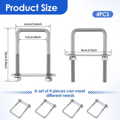 4Sets M8 Square U-Bolt Stainless Steel Bend U Bolts with Nuts and Frame Plate for Automobiles Trailer Ski Boat Sailboat Trailer