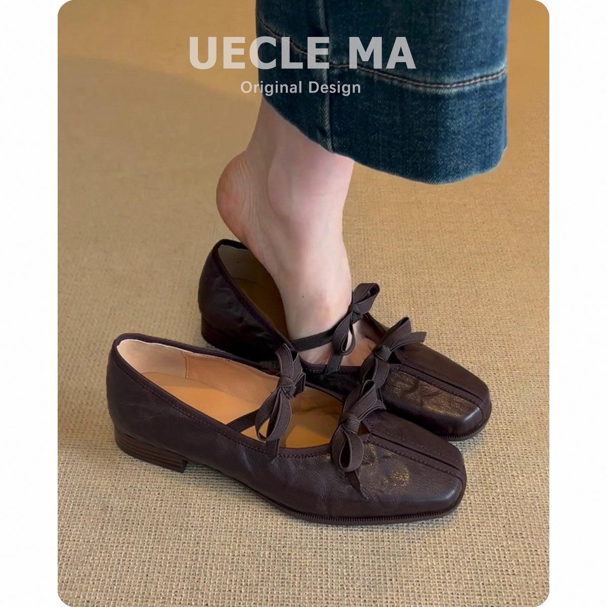 

Sheepskin version~ genuine leather flat-bottomed retro bow light mouth single shoes women s spring and autumn new French Mary Jane small leather shoes 35