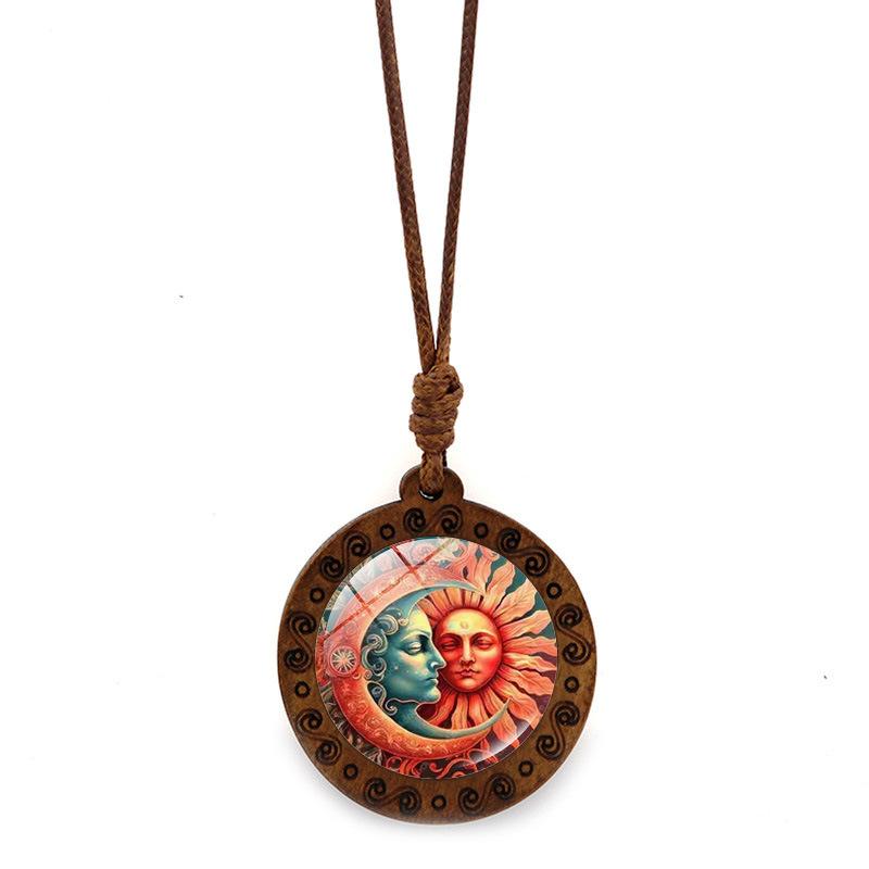 Sun Moon Goddess Time Round Wooden Vintage Brown Wax Rope Jewelry Pendant Necklace