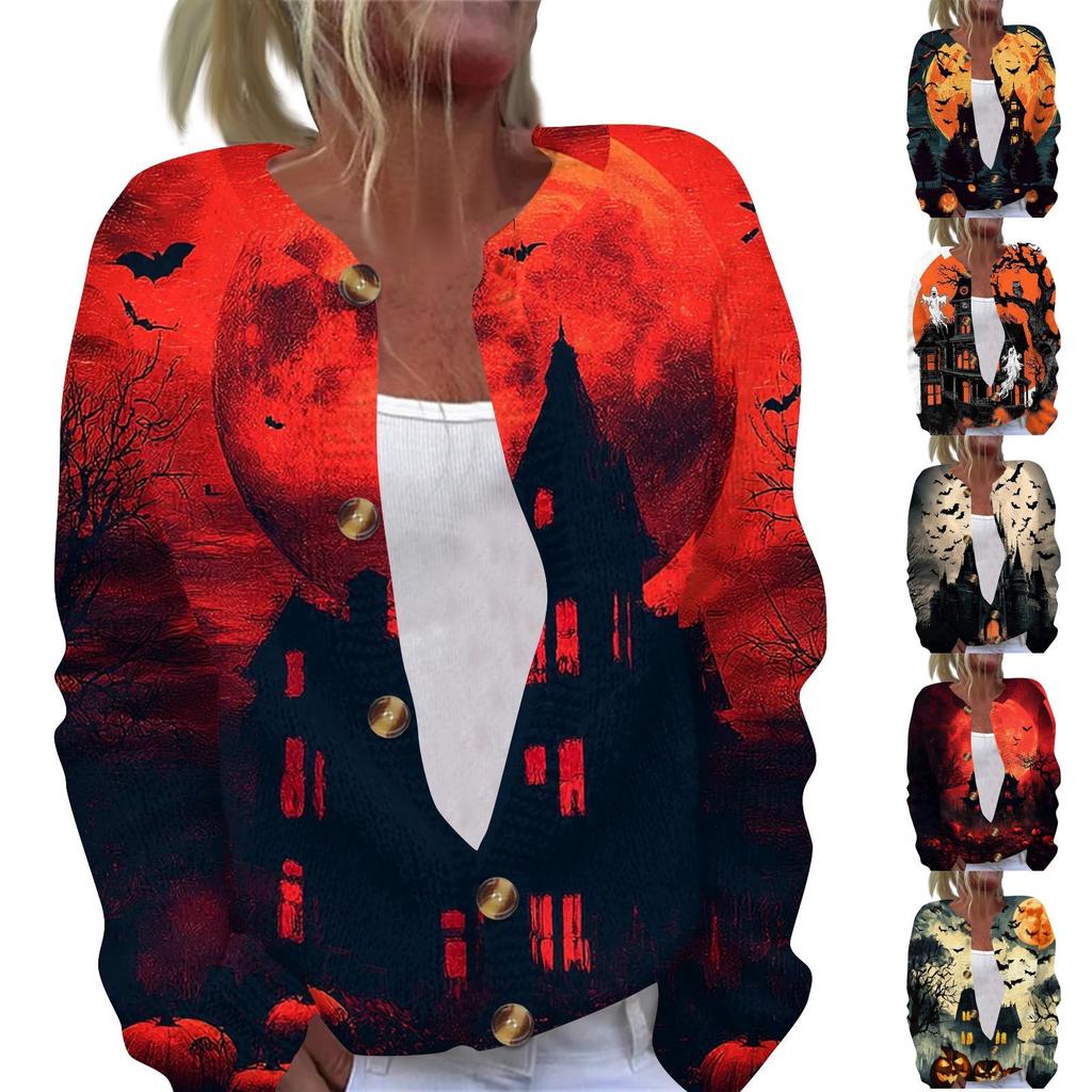 Women's Long Sleeve Knit Cardigan with Halloween Print Button Front