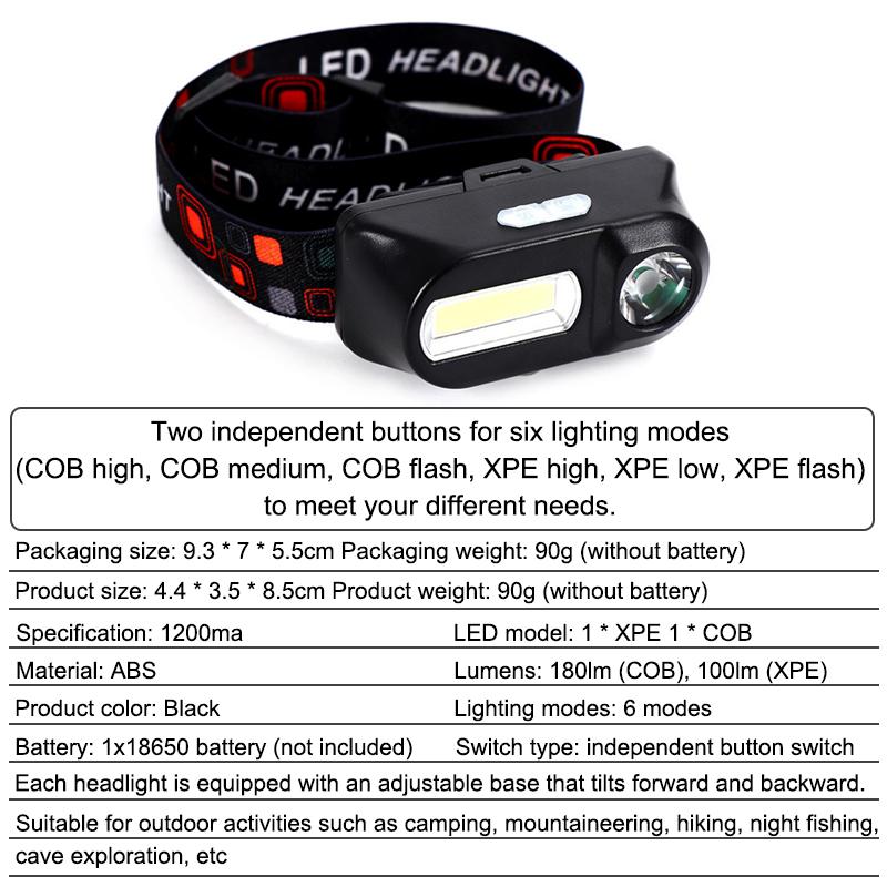 Multi-Function Usb Port Rechargeable Headlamp Cob Outdoor Emergency Head Torch 18650 Battery Fishing Light