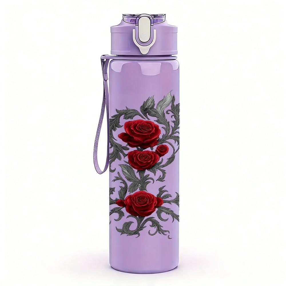 1PC Red Rose Dark Vintage Art Print 750ml Color Plastic Sports Water Bottle Leakproof Flip Straw Lid Suitable for Sports Office Home Use