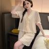 New short-sleeved shorts ice silk pajamas summer women's sweet girl loungewear set French simulation silk spring and autumn
