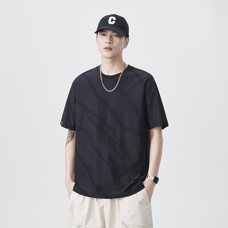 New Japanese Cool 210G Loose Round Neck Trendy Texture Twill Flocked Jacquard T-shirt