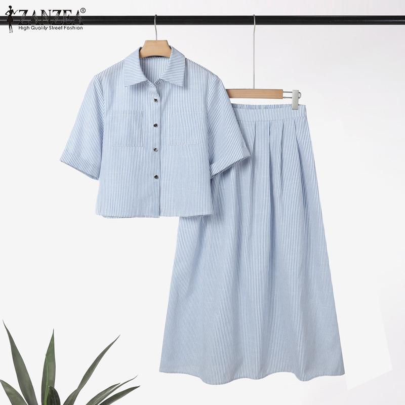 ZANZEA Women Short Sleeve Blouse and Skirts Summer Stripe Two Piece Suit Sets
