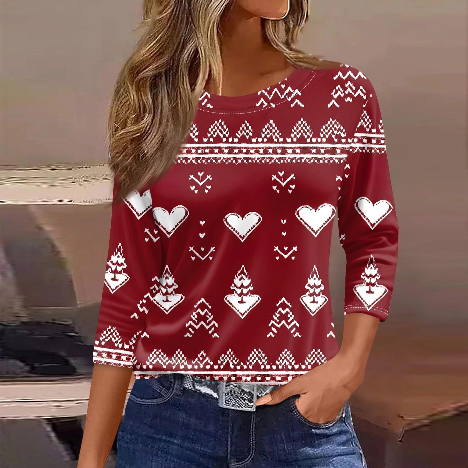 

Женская футболка с рождественским принтом, рукав 3/4, повседневная, модная, на выходные, базовая, с круглым вырезом, стандартный топ S винный