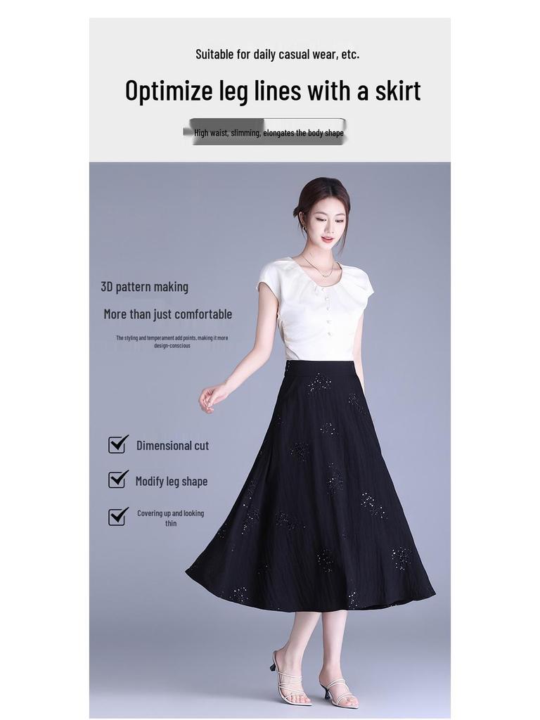 Women's Spring 2026 Retro High-Waist Sequin Embroidered A-Line Long Black Skirt