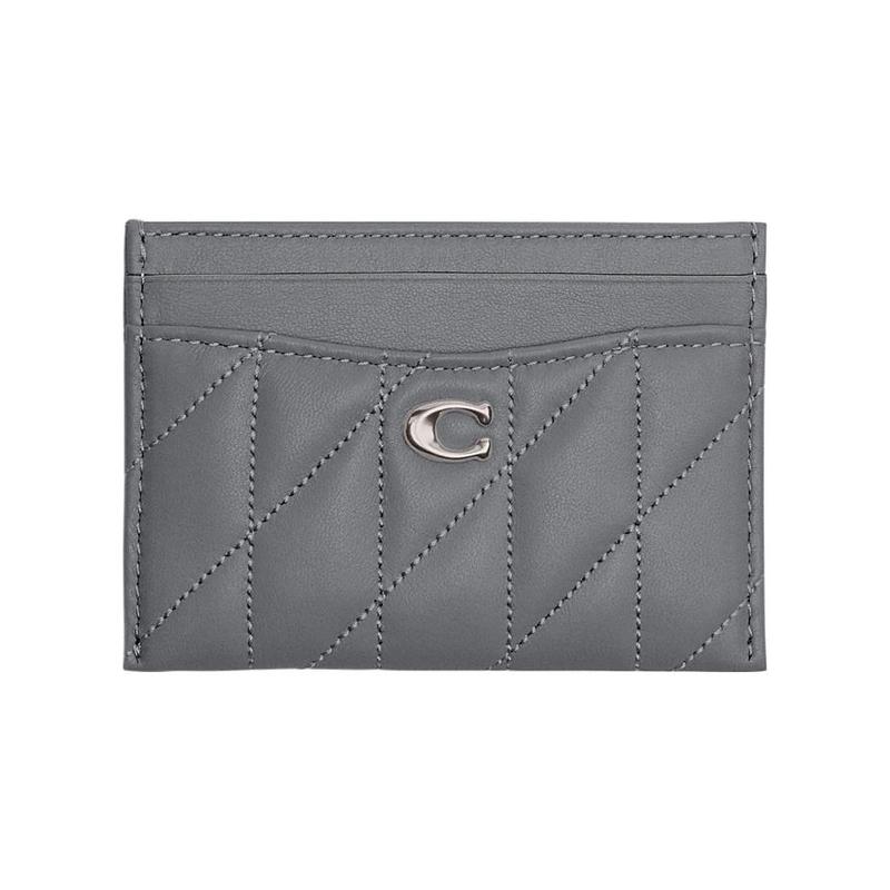 COACH Card Case 11 Solid Logo Logo Stripe Quilted Leather Card Case Regular Women s Gray grey серый