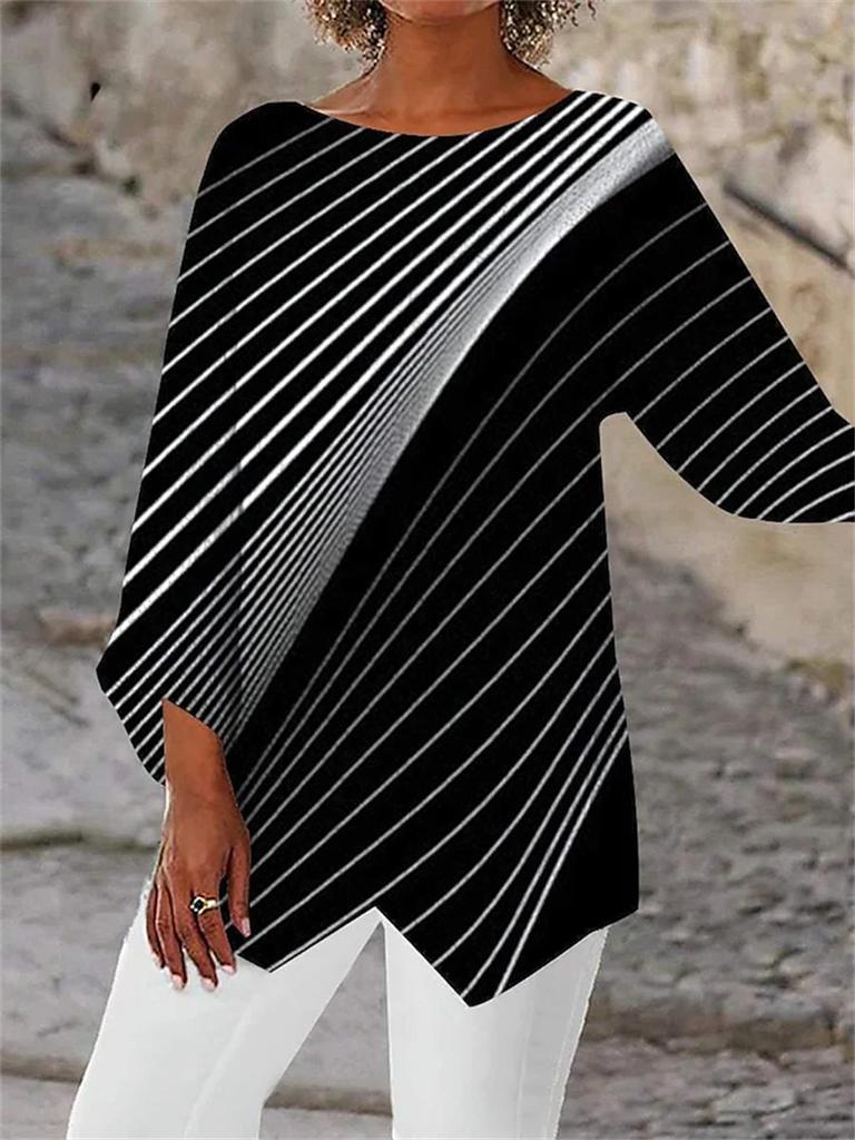 Fashion Geometric Printing Crew Neck Women Shirt Spring Summer Loose Plus Size Office Long Blouse Streetwear Casual Irregular Tops Elegant Clothing