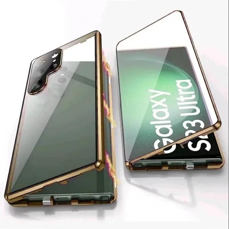 360 kovový rám, oboustranné skleněné, magnetické pouzdro Snap Lock pro Samsung Galaxy S24 S23 FE S22 Ultra S21 Plus Plná ochrana objektivu
