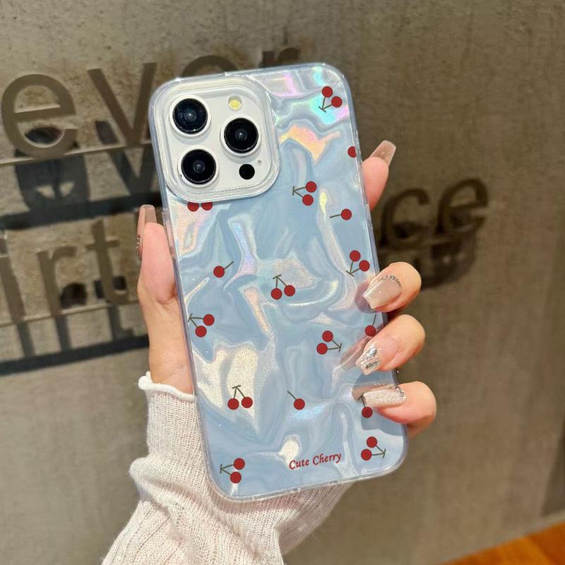 Little Cherry Print Luxury Glitter Case For iPhone 16 Pro Max 15 Pro 14 13 12 11 Hybrid TPU PC Clear Shockproof Slim Phone Cover