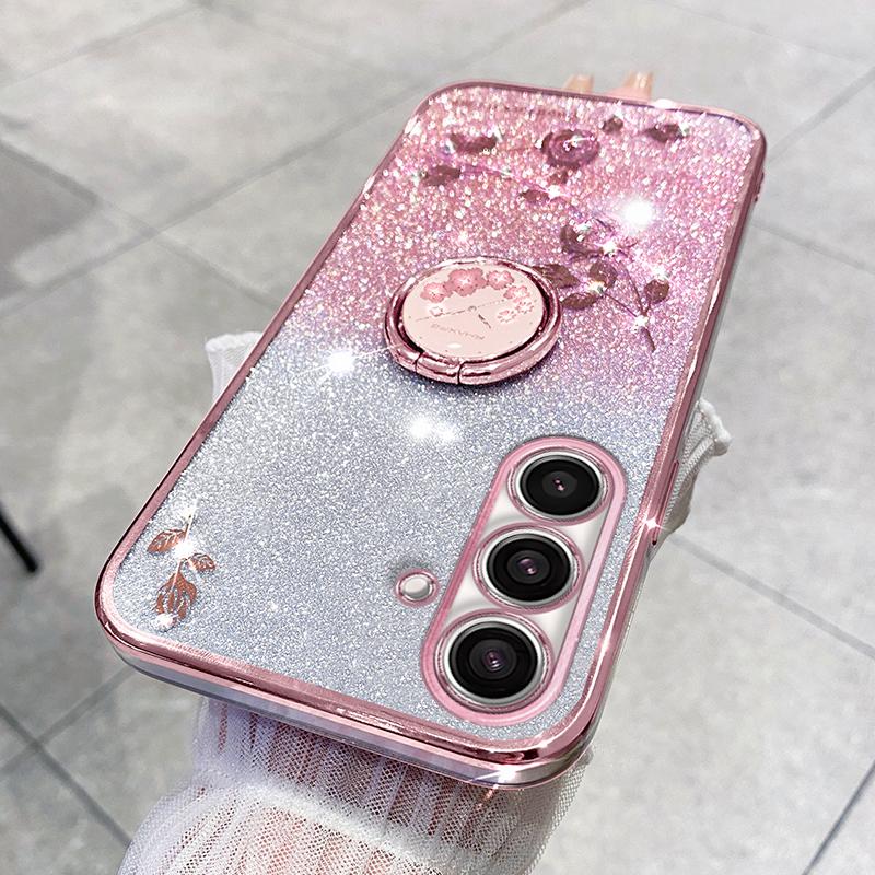 KADEM For Samsung Galaxy M52 5G Flower Pattern Back Cover Ring Kickstand Glitter Gradient TPU Phone Case