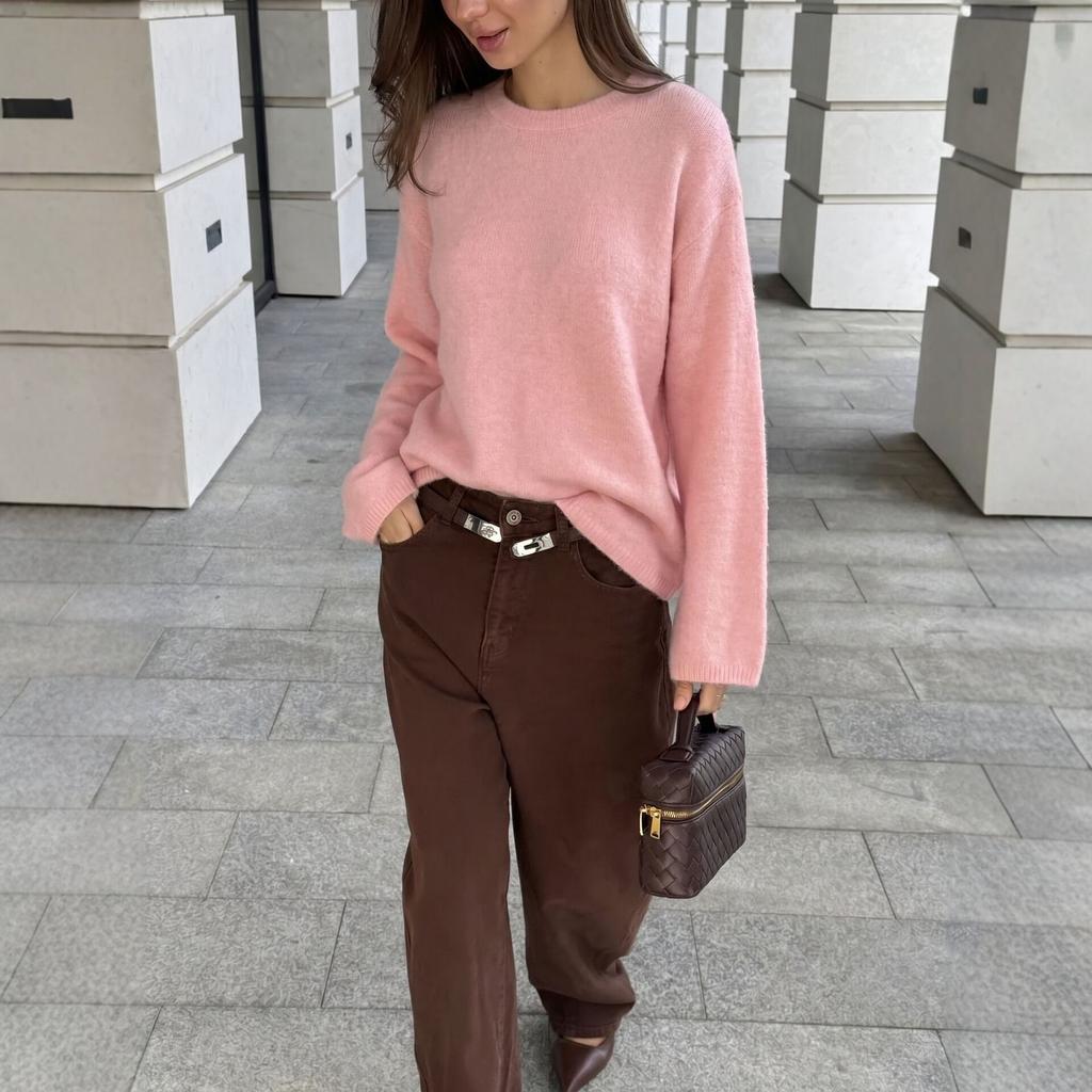 2026 Autumn and Winter New Imitation Mink Loose Crew Neck Sweater Women's Lazy Style Soft Knitted Jumper Hot Sale