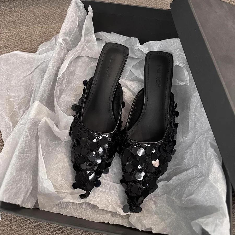 

Fashion 2025 Thin Heel Bling Sexy Women Slippers Mules Shoes Dress Party Sandals Summer Flip Flops Casual Walking 35 чёрный