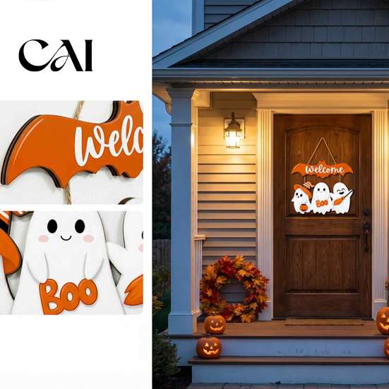 Seasonal Festive Photo Props Cute White Ghost Halloween Door Hanger, Pumpkin Witch Hat Welcome Happy Fall Farmhouse Decor Sign, Easy Hang for