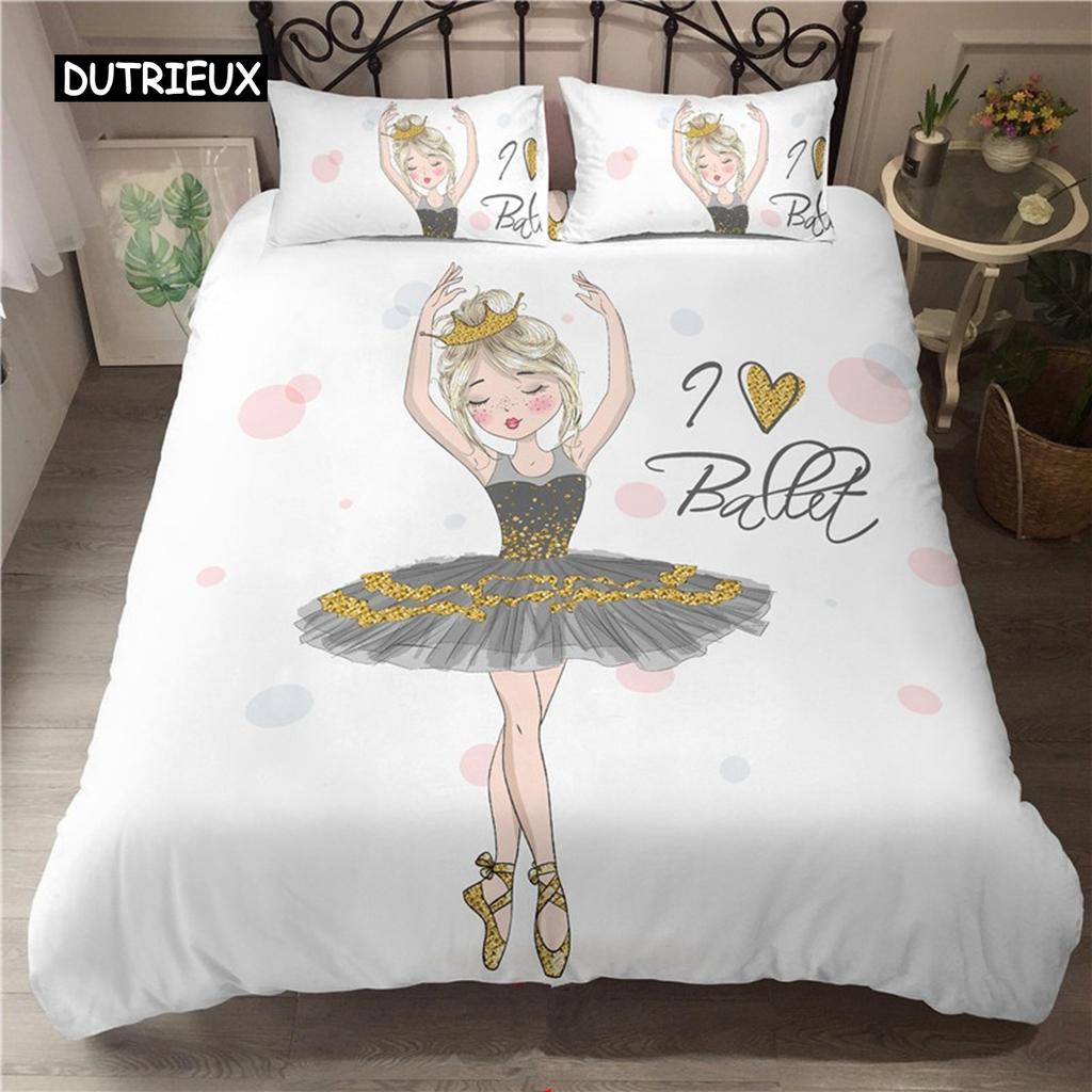 Ballet Dancing Girl Duvet Cover Set Cartoon Ballerinas Girl Bedding Set for Kids Teens Microfiber Double Queen King Quilt Cover