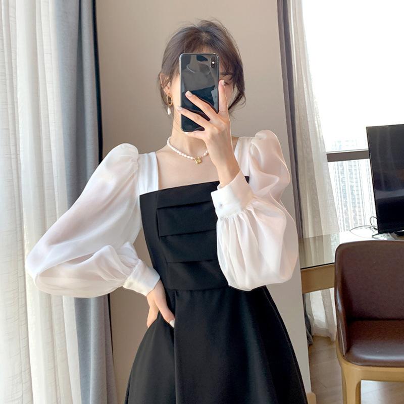 Sommer Frauen Kleider Langarm Eleganter Quadratischer Kragen Weiche Vintage A-line Schwarz Französisch Stil Kleid Lolita Harajuku Robe
