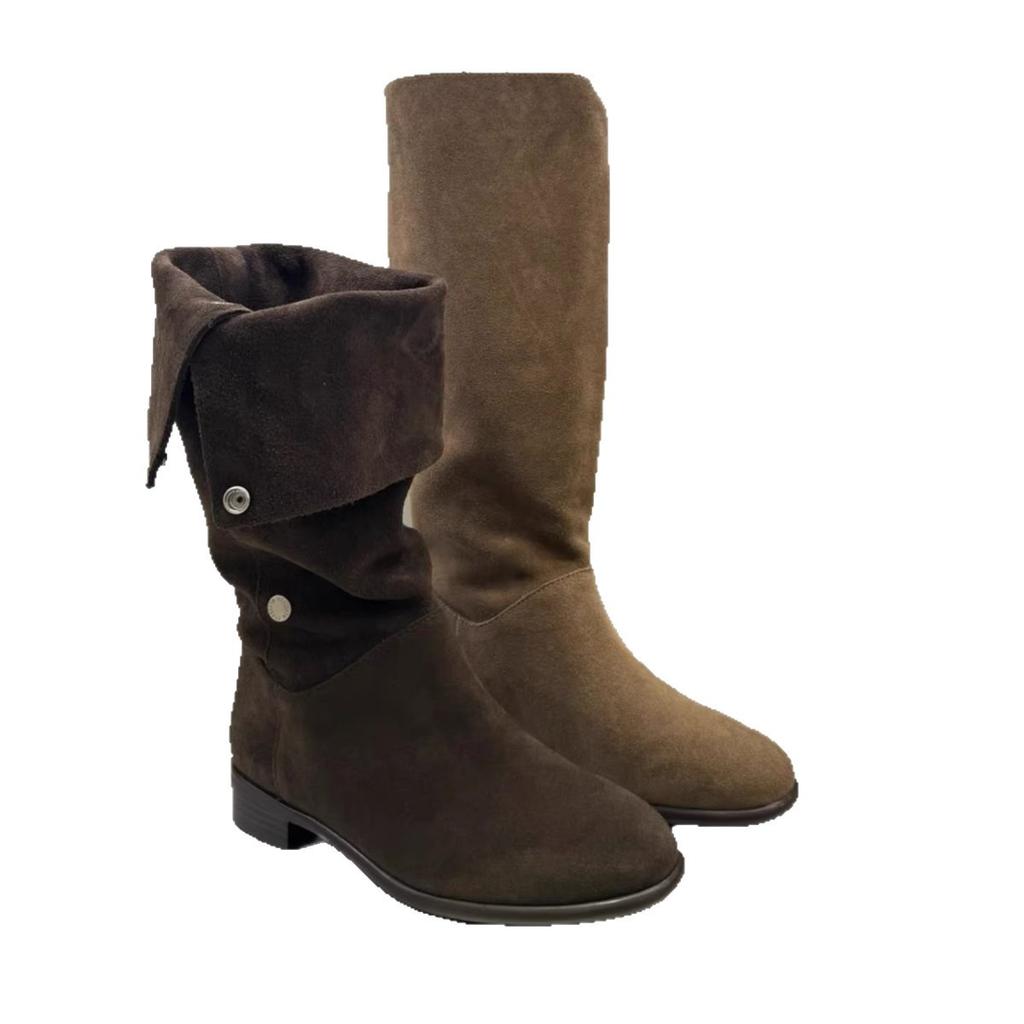 Sheepskin Version~ Retro Suede Round Head Thick Heel Stacking Boots Medium and High Boots Women Fold Two Wear Western Cowboy Boots