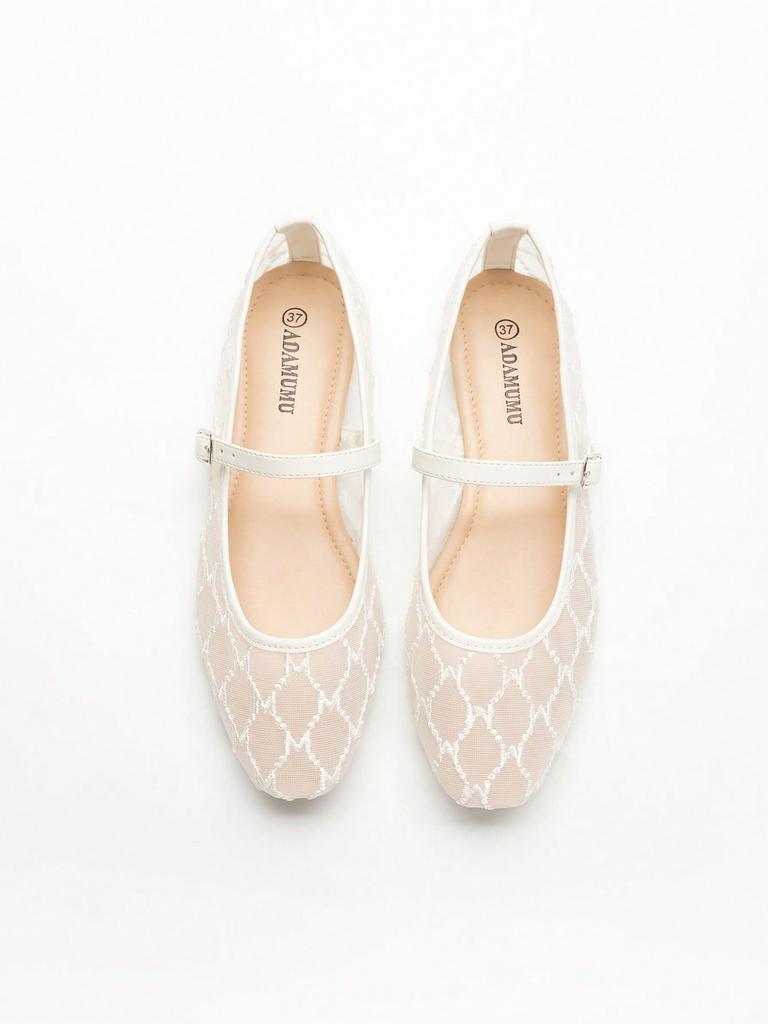 Women's Black Square Toe Ballet Mary Jane Flats with Geometric Square Pattern and Black Buckle Strap