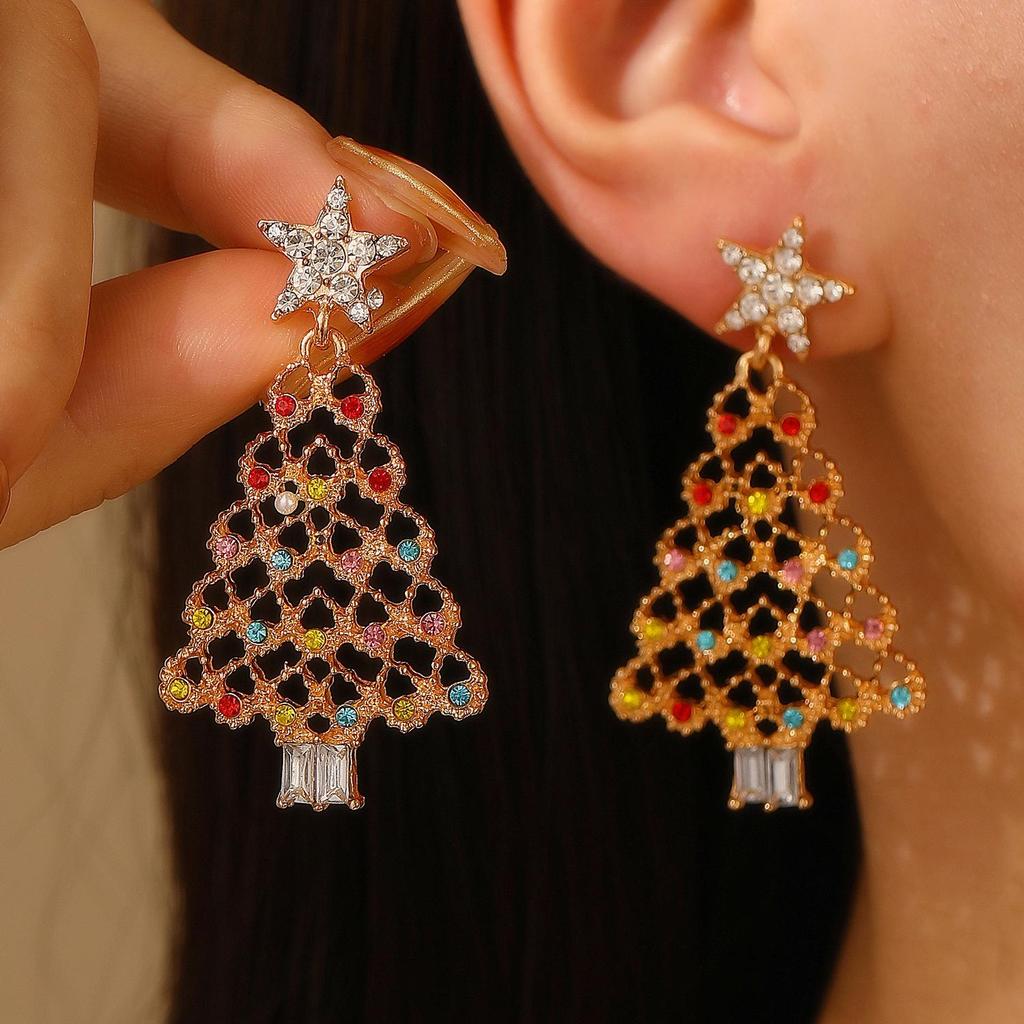 Colorful Light Luxury Christmas Tree Diamond Stud Earrings for Women