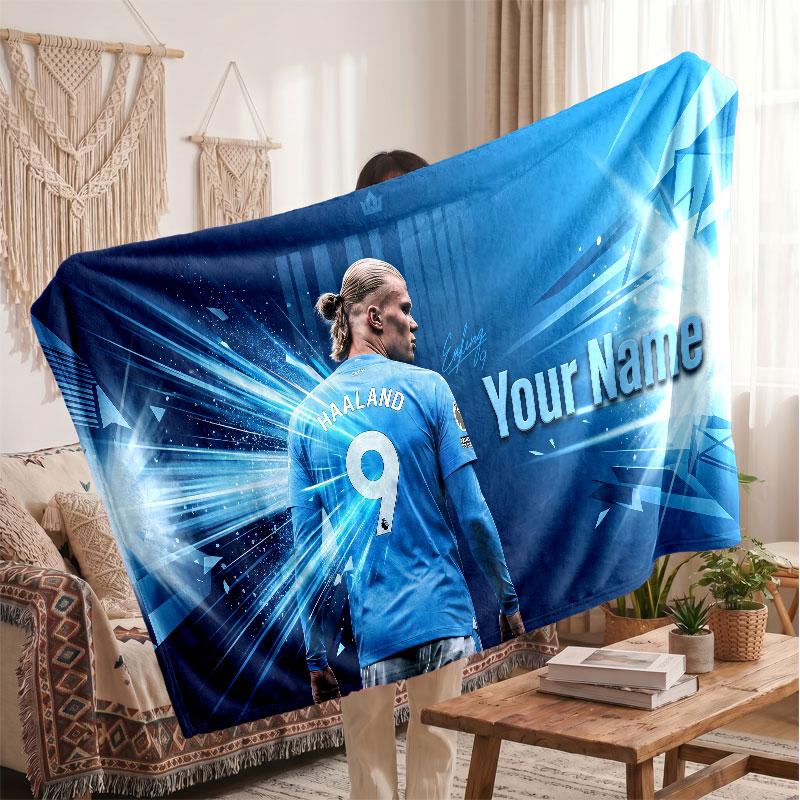 Erling Haaland Personalized Fleece Blanket With Football Logo, Custom Name Text Soft Warm Home Throw Blanket