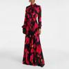 Rochie lungă elegantă plisată în talie, cu imprimeu roșu retro, cu mâneci lungi, nouă pentru primăvară și vară, rochie din șifon, femei