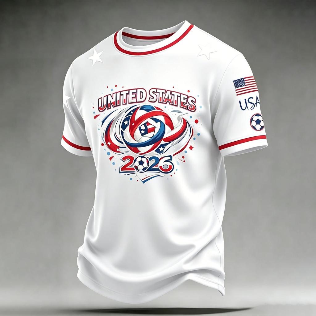 Men's Casual Printed Crew Neck Lightweight Breathable Short Sleeve Shirt Soccer Themed Graphic Design USA Map and Flag Pattern
