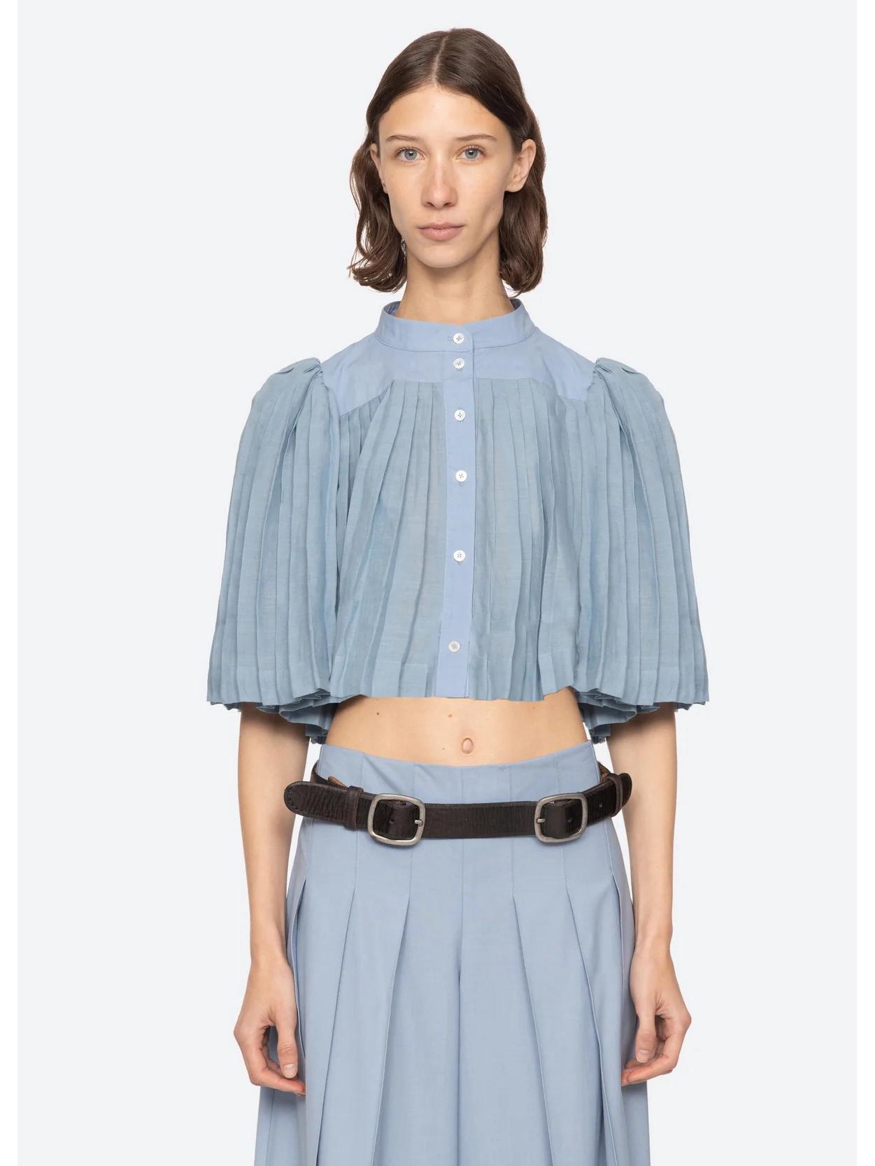 Spring/Summer Fashion: Simple Accordion Pleat Bell Sleeve Top M синий