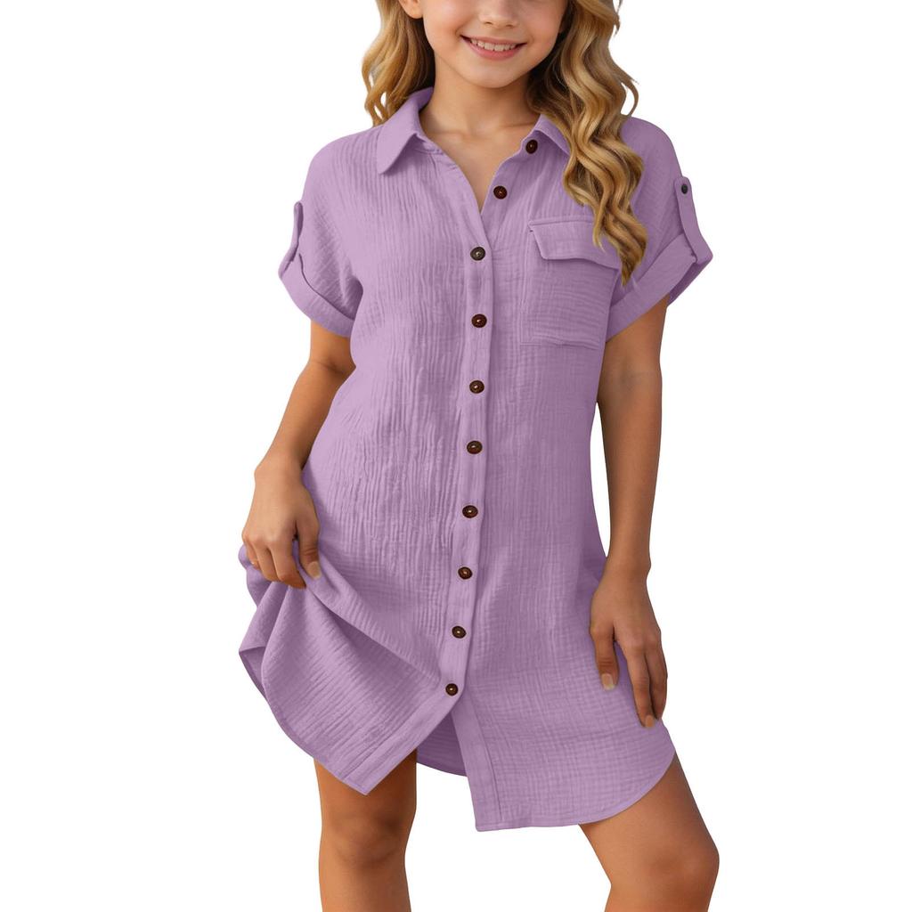 Girls Casual Short Sleeve Shirt Dress Loose Fit Button Down Collared Dress Lightweight Summer Dress for Kids