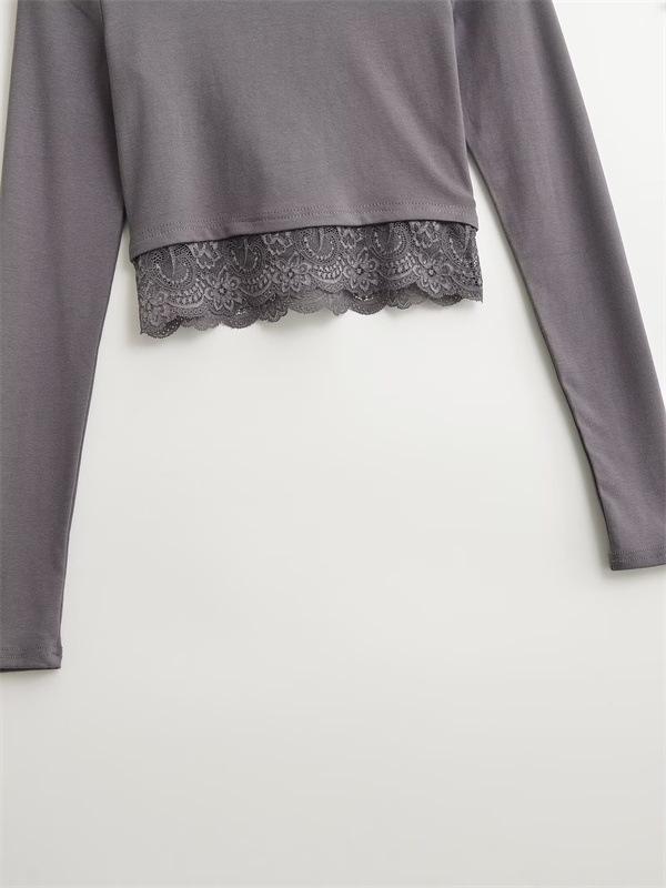 Retro Lace Hem Long Sleeve Spicy Girl Fitted Top