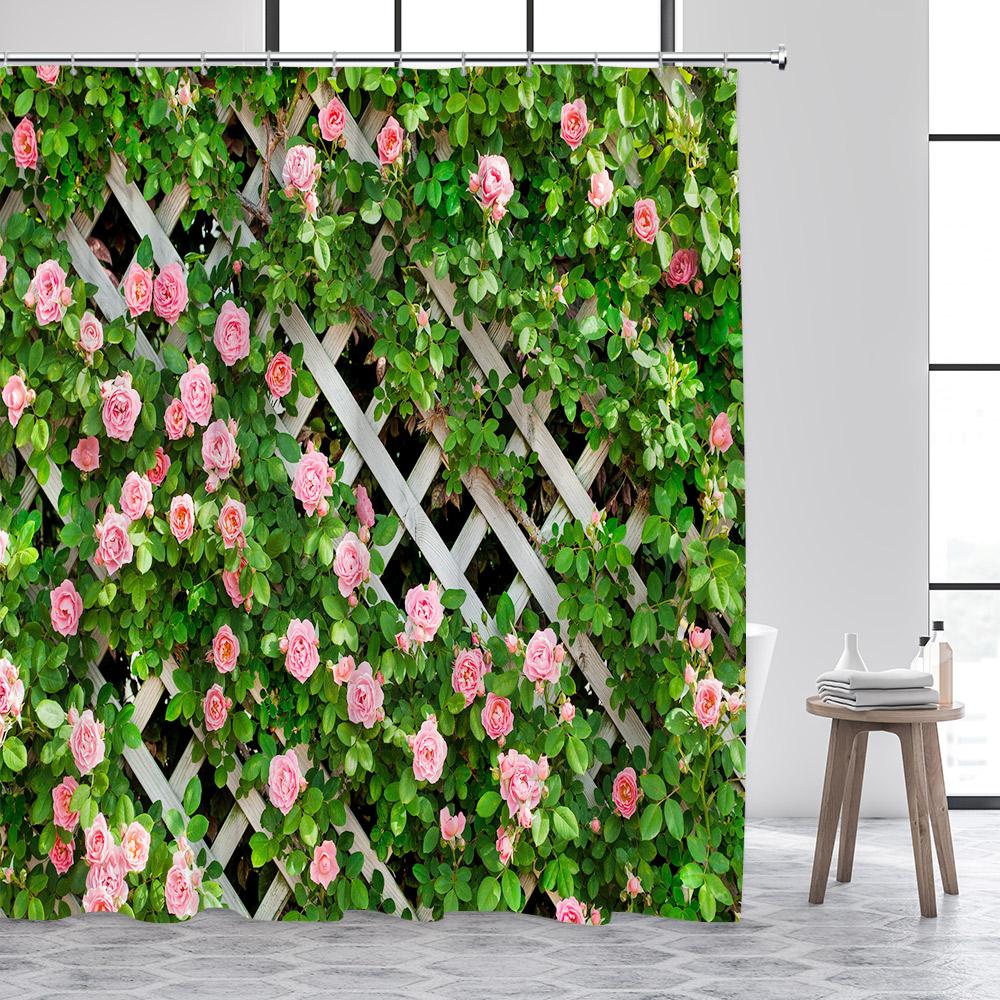 Rustic Fence Flowers Shower Curtains Pink Rose Floral Plant Garden Scenery Wall Hanging Fabric Bathroom Curtain Decor With Hooks