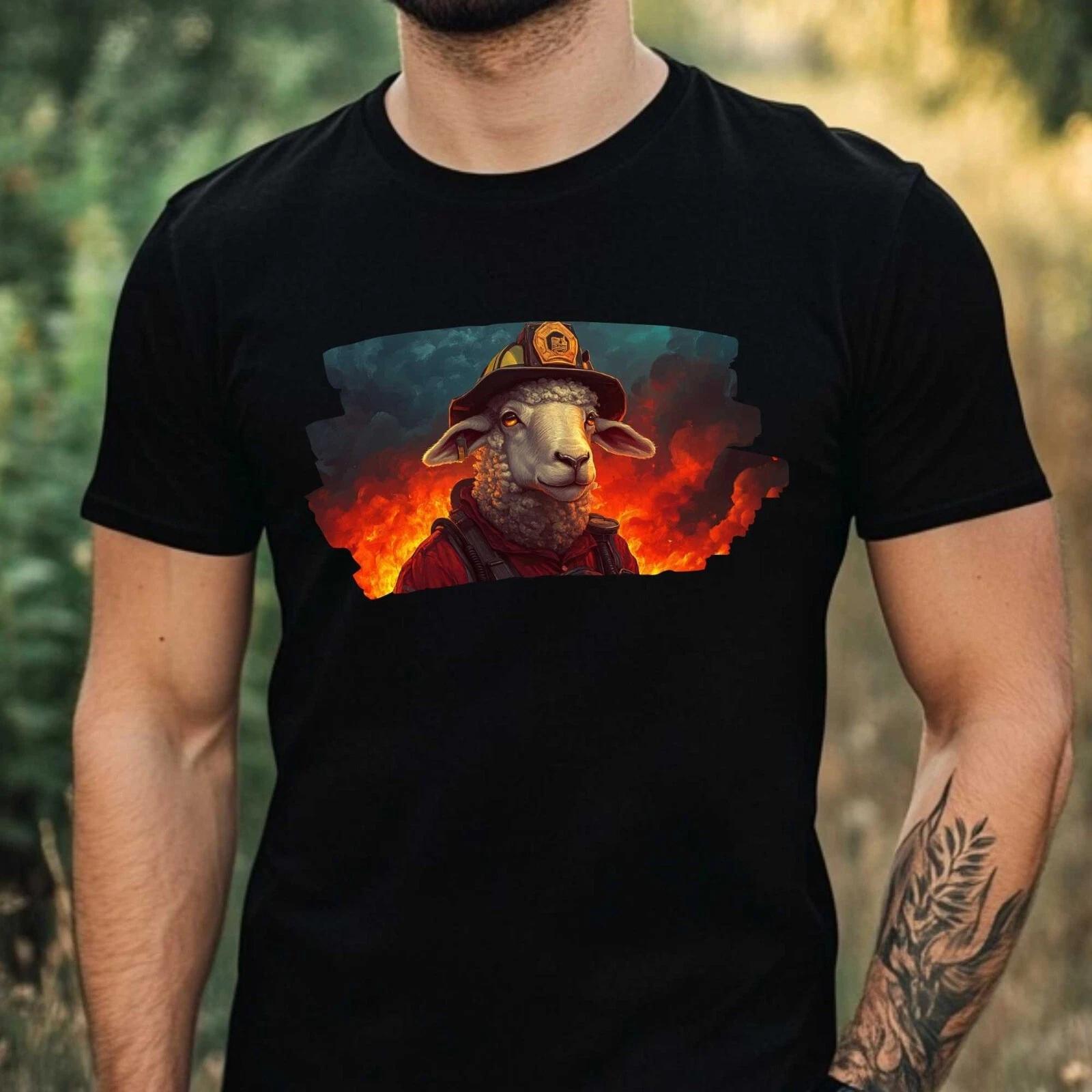 T-Shirt Herren Schaf als Feuerwehrmann Motiv Baumwolle Größe XS bis 5XL XXXL